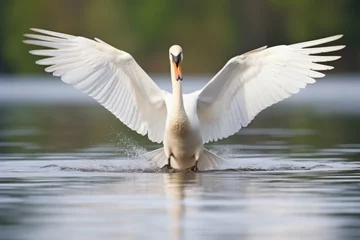 Fotobehang white swan on a lake, flapping wings aggressively © Alfazet Chronicles