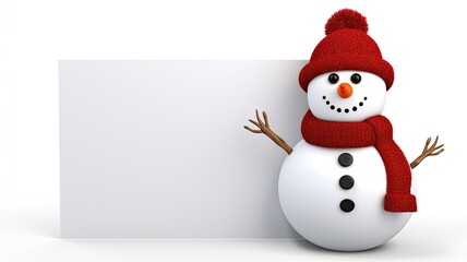 a snowman holding a blank signboard against a white backdrop. an ideal canvas for adding custom messages, whether they are holiday greetings, event announcements, or promotional text.