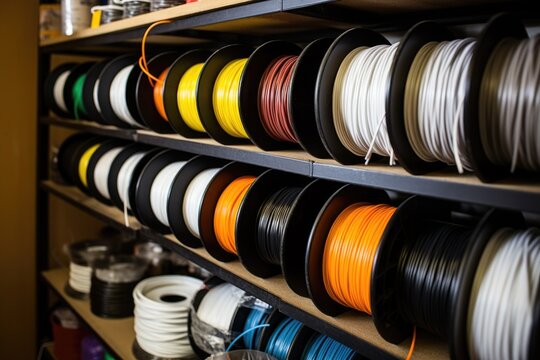 spools of electrical wire on organized shelf