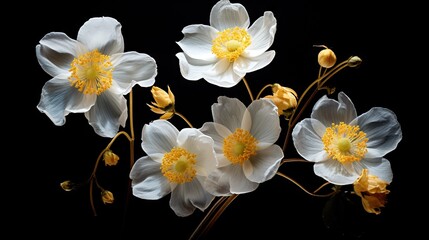  a group of white flowers with yellow centers on a black background.  generative ai