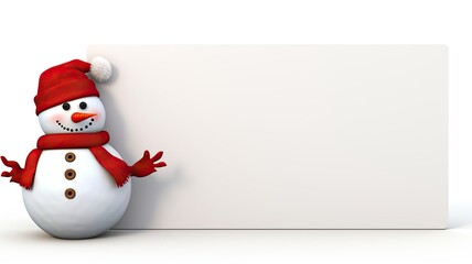 a snowman holding a blank signboard against a white backdrop. an ideal canvas for adding custom messages, whether they are holiday greetings, event announcements, or promotional text.