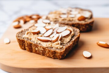 Fototapeta na wymiar almond butter swirl on a slice of whole grain toast