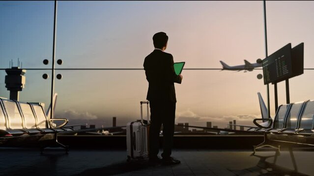 Full Body Back View Of Asian Businessman With Rolling Suitcase In Boarding Lounge At The Airport, Using Green Screen Tablet While Waiting For Flight, Airplane Takes Off Outside The Window
