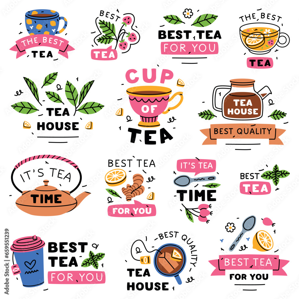 Wall mural Aromatic Tea Brewing Label or Badges with Cup or Mug with Hot Drink and Teapot with Saying or Inscription Vector Set