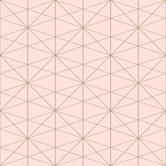 Golden line pattern. Vector geometric seamless texture with delicate grid, thin lines, squares, diamonds, triangles. Abstract pink and gold background. Art deco style ornament. Luxury repeat design