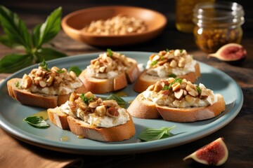 corsican-style bruschetta with fresh figs and nut cheese on a ceramic plate