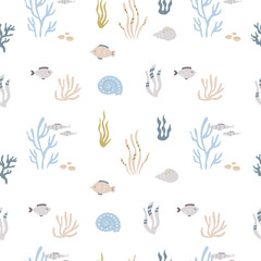Colorful seamless pattern with various sea life fishes, different water plants