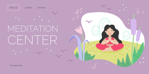 Colorful header for meditation center's web-site. Vector illustration of banner with young woman sitting in meditating lotus pose. 