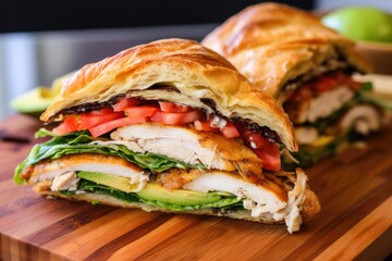 close-up shot of a croissant sandwich with grilled chicken