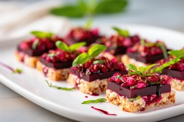 a square plate with one beetroot bruschetta in the center