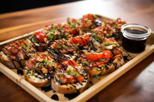 image of a group of bruschetta in a serving tray, balsamic glaze streaked diagonally