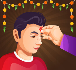 Vector art of a boy Receiving Tika and blessings from his Father at the Dashain Nepal Festival. Happy Bijaya Dashain