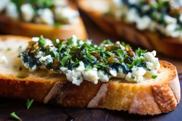 zoomed in texture shot of blue cheese on bruschetta