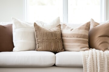 a couch with several throw pillows in neutral tones