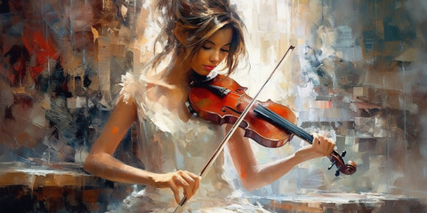 Female Classical Musician Violinist Playing a Violin Colorful Liquid Art Watercolor Oil Painting on Canvas