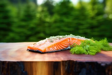 salmon filet on a cedar plank shot against a vivid green outdoor backdrop