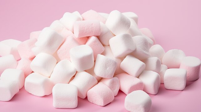  a pile of marshmallows on a pink background.  generative ai