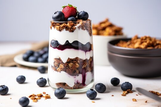 serving of blueberry and chia seeds parfait surrounded by scattered granola