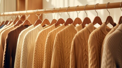 a collection of light brown sweaters neatly arranged on hangers in a well-lit and stylish boutique...