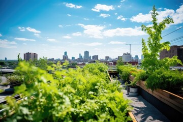 Fototapeta premium a cityscape rooftop view with luscious green plants