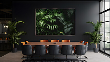 Modern conference room interior with dark gray walls, tropical plants poster
