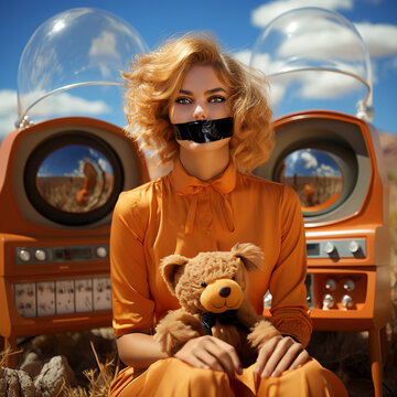 A blonde girl with an adhesive tape over her mouth, sits in front of a strange futuristic appliance. She is holding a teddy bear. (An image of the iris used for this illustration from rawpixel.com.)