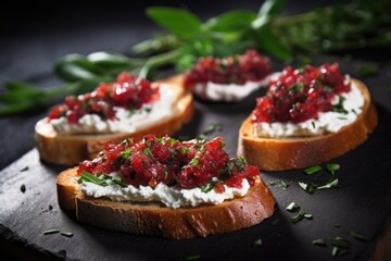 bruschetta with ricotta dusted with dried herbs, close-up view