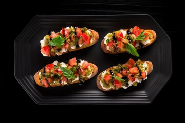 overhead shot of a plate with avocado bruschetta on a black background