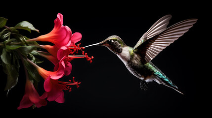 Obraz premium hummingbird feeding through a fuschia flower, high speed photography