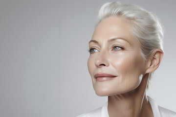 Anti-aging and skincare concept. Confident mature woman with healthy luminous skin and silver hairstyle smiling in studio portrait.