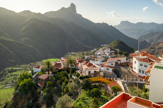 Tejeda village with Roque Nublo peak at background in Gran Canaria, Spain
