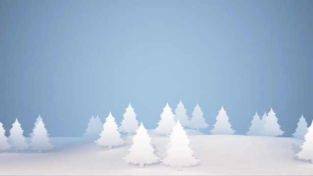 Looped animated Christmas background of a landscape of flat white pine trees on a blue background at 60 fps