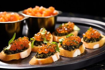 a tray holding multiple pieces of bruschetta topped with caviar
