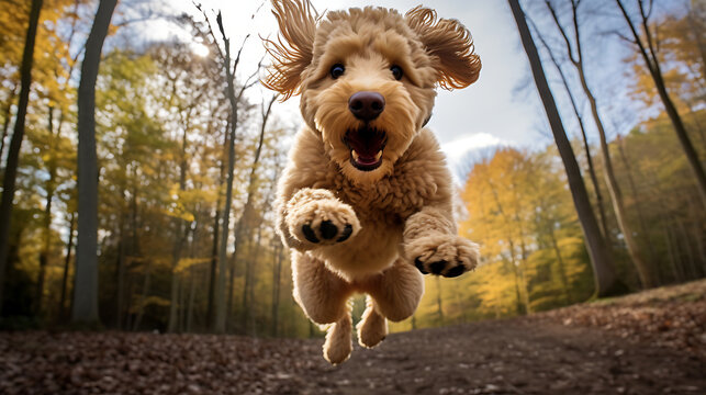 photo of golden labradoodle jumping to grab a frizbee