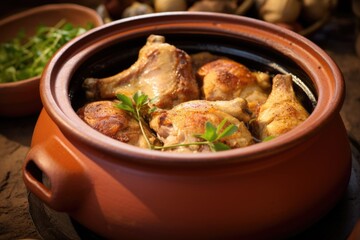 thickly cooked chicken thighs inside a clay pot - obrazy, fototapety, plakaty