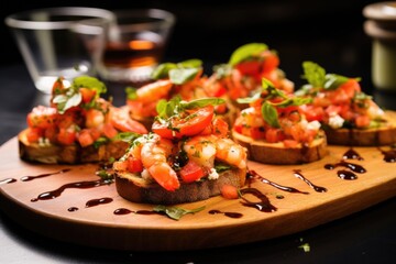 bruschetta with grilled shrimps skewered on top
