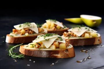 bruschetta with pear and melted cheese, grey backdrop