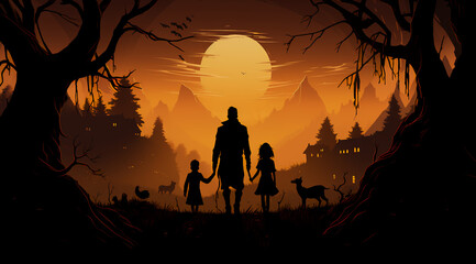 family silhouettes at the end of the forest on halloween full moon