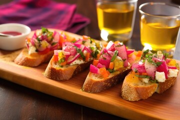 colorful bruschetta with pickled turnips and cable knit background