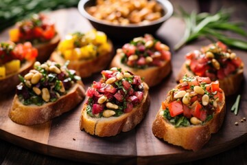 colorful array of bruschettas with varying amounts of pine nuts