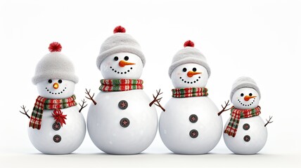 a family of snowmen, each with its unique accessories and expressions, against a plain white background. space for text to create a heartwarming winter-themed greeting card or poster.