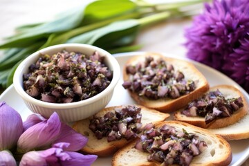 pale purple garlic flowers on plate with tapenade bruschetta