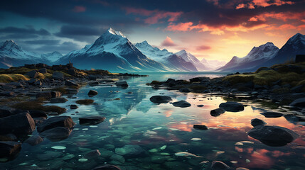 Sky behind mountains, lake in background, Norwegian nature style - obrazy, fototapety, plakaty