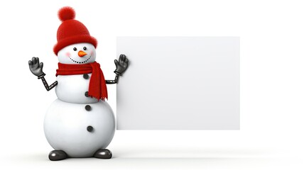 a snowman holding a blank signboard against a white backdrop. an ideal canvas for adding custom messages, whether they are holiday greetings, event announcements, or promotional text.