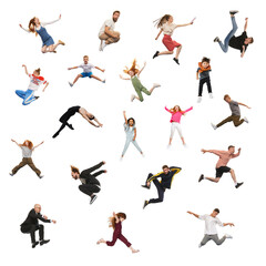 Collage. Happy, joyful people, men, women and children jumping over white background. Concept of freedom, motivation, ambitions, success and lifestyle.