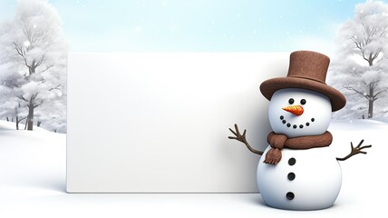 a snowman holding a blank signboard against a white backdrop. an ideal canvas for adding custom...
