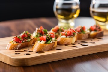 mini bruschetta with truffle oil on long wooden platter