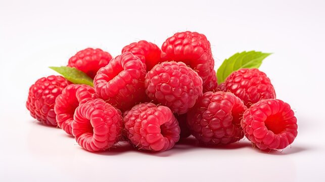  a pile of raspberries with leaves on a white background.  generative ai