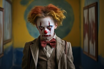 Boy sad clown at school. Box smile. Generate Ai