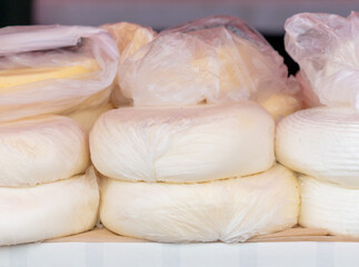 Close-up of cheese on a market counter
